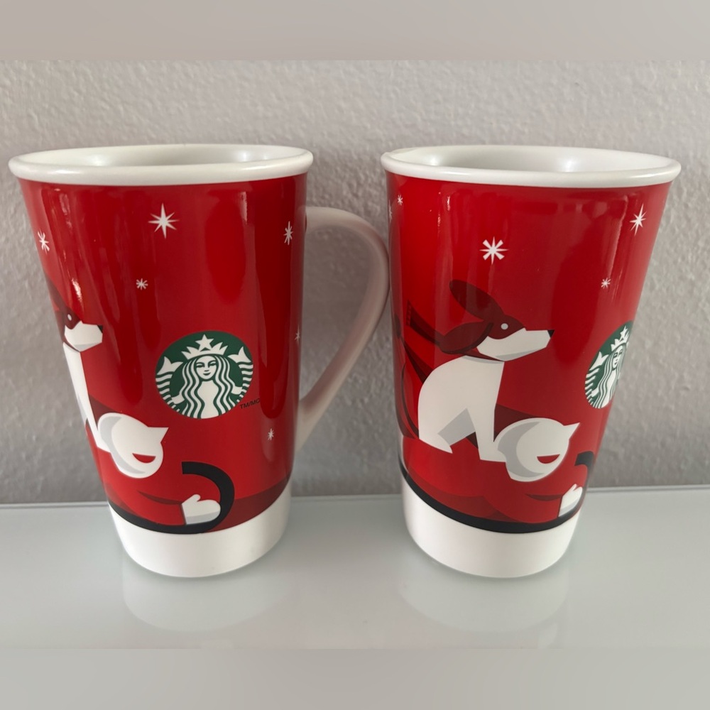 2 Starbucks Holiday 2011 Mug Coffee Tea Cup 17.8 oz Christmas Sledding Dog Child